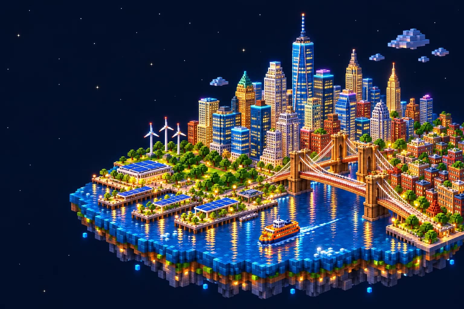 Voxel-style illustration of a New York City skyline at night, with a lit bridge, green piers and an orange ferry on a floating island